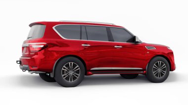 Tula, Rusya. 30 Ocak 2022: Nissan Devriyesi 2021 Kırmızı Premium Ailesi SUV beyaz arka planda izole edildi. 3d oluşturma.