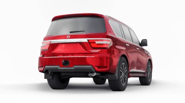 Tula, Rusya. 30 Ocak 2022: Nissan Devriyesi 2021 Kırmızı Premium Ailesi SUV beyaz arka planda izole edildi. 3d oluşturma.