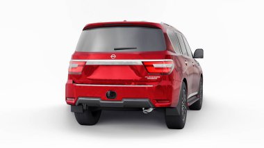 Tula, Rusya. 30 Ocak 2022: Nissan Devriyesi 2021 Kırmızı Premium Ailesi SUV beyaz arka planda izole edildi. 3d oluşturma.