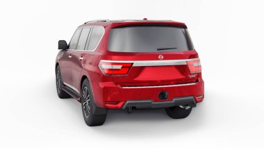 Tula, Rusya. 30 Ocak 2022: Nissan Devriyesi 2021 Kırmızı Premium Ailesi SUV beyaz arka planda izole edildi. 3d oluşturma.