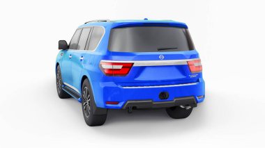 Tula, Rusya. 30 Ocak 2022: Nissan Devriyesi 2021 Mavi Premium Ailesi SUV beyaz arka planda izole edildi. 3d oluşturma.