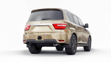 Tula, Rusya. 30 Ocak 2022: Nissan Devriyesi 2021 bej renkli Premium Ailesi SUV beyaz arka planda izole edildi. 3d oluşturma.