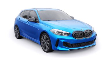 Tula, Rusya. 9 Ocak 2022: BMW M135i XDrive. Mavi araba beyaz arka planda izole edilmiş. 3d oluşturma.
