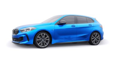 Tula, Rusya. 9 Ocak 2022: BMW M135i XDrive. Mavi araba beyaz arka planda izole edilmiş. 3d oluşturma.
