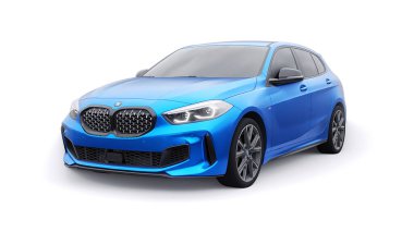 Tula, Rusya. 9 Ocak 2022: BMW M135i XDrive. Mavi araba beyaz arka planda izole edilmiş. 3d oluşturma.