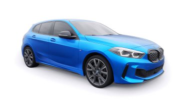 Tula, Rusya. 9 Ocak 2022: BMW M135i XDrive. Mavi araba beyaz arka planda izole edilmiş. 3d oluşturma.
