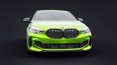 Tula, Rusya. 9 Ocak 2022: BMW M135i XDrive. Yeşil araba siyah arka planda izole edilmiş. 3d oluşturma.