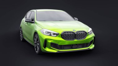 Tula, Rusya. 9 Ocak 2022: BMW M135i XDrive. Yeşil araba siyah arka planda izole edilmiş. 3d oluşturma.