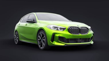 Tula, Rusya. 9 Ocak 2022: BMW M135i XDrive. Yeşil araba siyah arka planda izole edilmiş. 3d oluşturma.