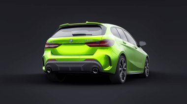 Tula, Rusya. 9 Ocak 2022: BMW M135i XDrive. Yeşil araba siyah arka planda izole edilmiş. 3d oluşturma.