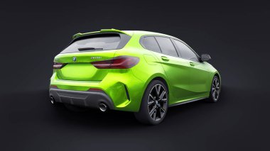 Tula, Rusya. 9 Ocak 2022: BMW M135i XDrive. Yeşil araba siyah arka planda izole edilmiş. 3d oluşturma.