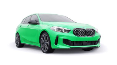 Tula, Rusya. 9 Ocak 2022: BMW M135i XDrive. Yeşil araba beyaz arka planda izole edilmiş. 3d oluşturma