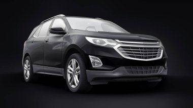 Siyah arka planda bir aile için orta büyüklükteki siyah bir SUV. 3d oluşturma