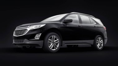 Siyah arka planda bir aile için orta büyüklükteki siyah bir SUV. 3d oluşturma