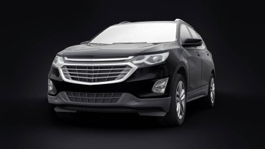 Siyah arka planda bir aile için orta büyüklükteki siyah bir SUV. 3d oluşturma