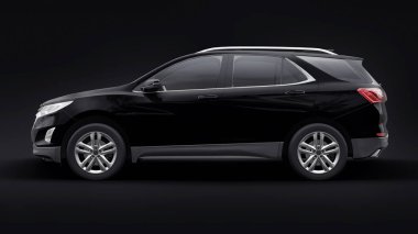 Siyah arka planda bir aile için orta büyüklükteki siyah bir SUV. 3d oluşturma