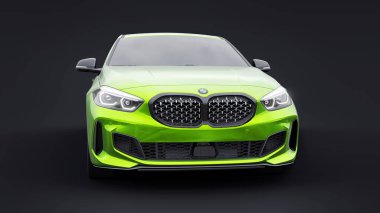 Tula, Rusya. 9 Ocak 2022: BMW M135i XDrive. Yeşil araba siyah arka planda izole edilmiş. 3d oluşturma.