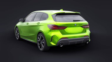 Tula, Rusya. 9 Ocak 2022: BMW M135i XDrive. Yeşil araba siyah arka planda izole edilmiş. 3d oluşturma.