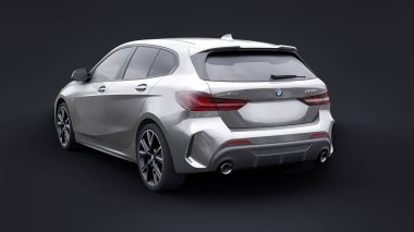 Tula, Rusya. 9 Ocak 2022: BMW M135i XDrive. Gri araba siyah arka planda izole edilmiş. 3d oluşturma.