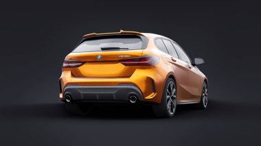 Tula, Rusya. 9 Ocak 2022: BMW M135i XDrive. Turuncu araba siyah arka planda izole edilmiş. 3d oluşturma.