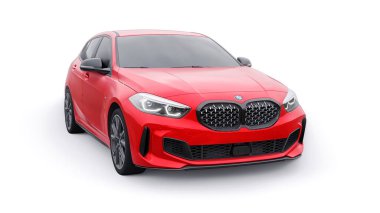 Tula, Russia. January 9, 2022: BMW M135i XDrive. Red car isolated on white background. 3d rendering
