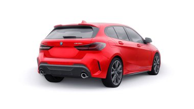 Tula, Russia. January 9, 2022: BMW M135i XDrive. Red car isolated on white background. 3d rendering