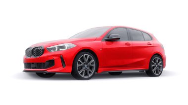 Tula, Russia. January 9, 2022: BMW M135i XDrive. Red car isolated on white background. 3d rendering