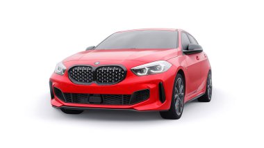 Tula, Russia. January 9, 2022: BMW M135i XDrive. Red car isolated on white background. 3d rendering