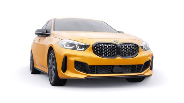 Tula, Russia. January 9, 2022: BMW M135i XDrive. Yellow car isolated on white background. 3d rendering