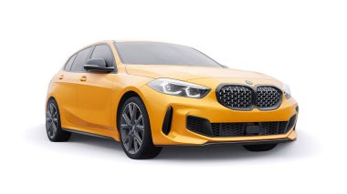 Tula, Russia. January 9, 2022: BMW M135i XDrive. Yellow car isolated on white background. 3d rendering