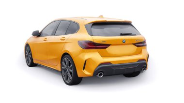 Tula, Russia. January 9, 2022: BMW M135i XDrive. Yellow car isolated on white background. 3d rendering