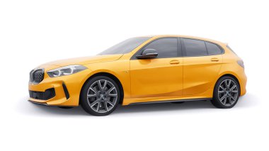 Tula, Russia. January 9, 2022: BMW M135i XDrive. Yellow car isolated on white background. 3d rendering