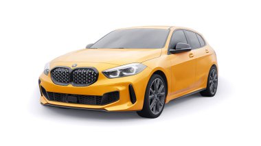 Tula, Russia. January 9, 2022: BMW M135i XDrive. Yellow car isolated on white background. 3d rendering