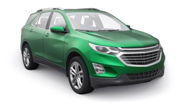 Beyaz arka planda yaşayan bir aile için yeşil, orta ölçekli şehir cipi. 3d oluşturma