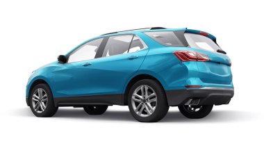 Beyaz arka planda bir aile için mavi, orta ölçekli şehir cipi. 3d oluşturma