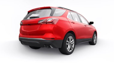 Beyaz arka planda bir aile için kırmızı, orta ölçekli şehir cipi. 3d oluşturma