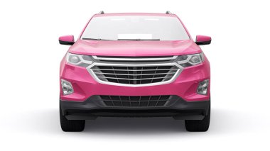 Beyaz arka plandaki bir aile için orta büyüklükte pembe bir SUV. 3d oluşturma