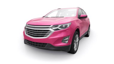 Beyaz arka plandaki bir aile için orta büyüklükte pembe bir SUV. 3d oluşturma