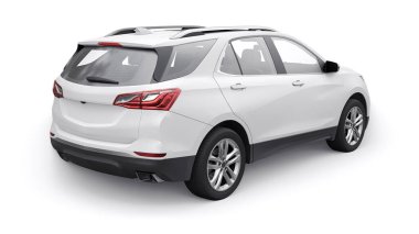 Beyaz arka planda bir aile için orta büyüklükte beyaz bir SUV. 3d oluşturma