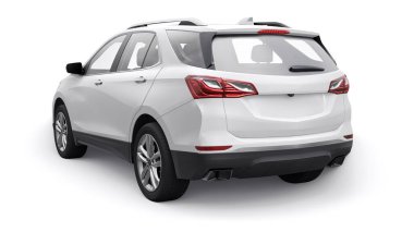 Beyaz arka planda bir aile için orta büyüklükte beyaz bir SUV. 3d oluşturma