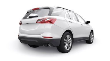 Beyaz arka planda bir aile için orta büyüklükte beyaz bir SUV. 3d oluşturma