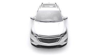 Beyaz arka planda bir aile için orta büyüklükte beyaz bir SUV. 3d oluşturma