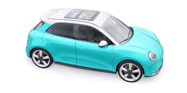 Küçük, şirin bir elektrikli hatchback araba. 3B illüstrasyon