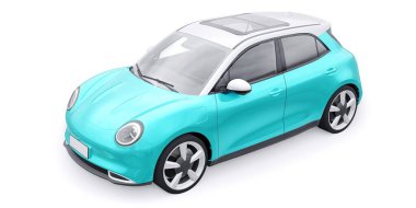 Küçük, şirin bir elektrikli hatchback araba. 3B illüstrasyon