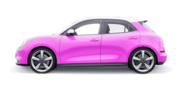 Pembe, küçük elektrikli hatchback araba. 3B illüstrasyon