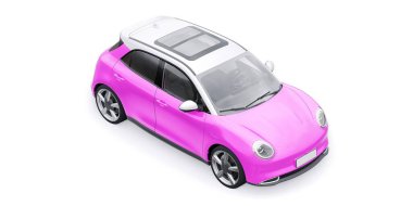 Pembe, küçük elektrikli hatchback araba. 3B illüstrasyon