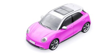 Pembe, küçük elektrikli hatchback araba. 3B illüstrasyon