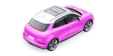 Pembe, küçük elektrikli hatchback araba. 3B illüstrasyon