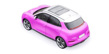 Pembe, küçük elektrikli hatchback araba. 3B illüstrasyon