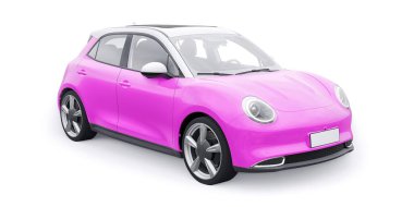 Pembe, küçük elektrikli hatchback araba. 3B illüstrasyon
